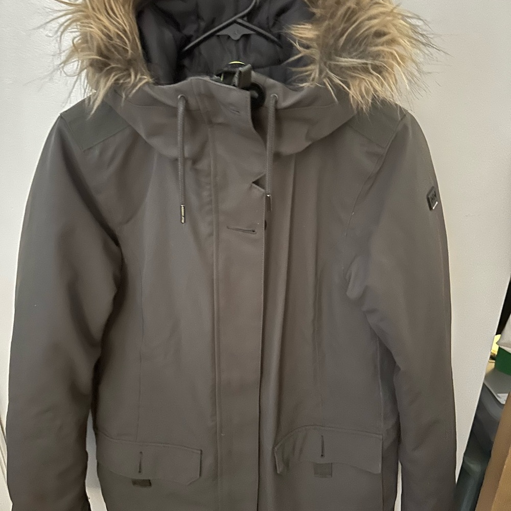 Women’s Hooded Parka Coat in Pelican Green with Faux-Fur Trim